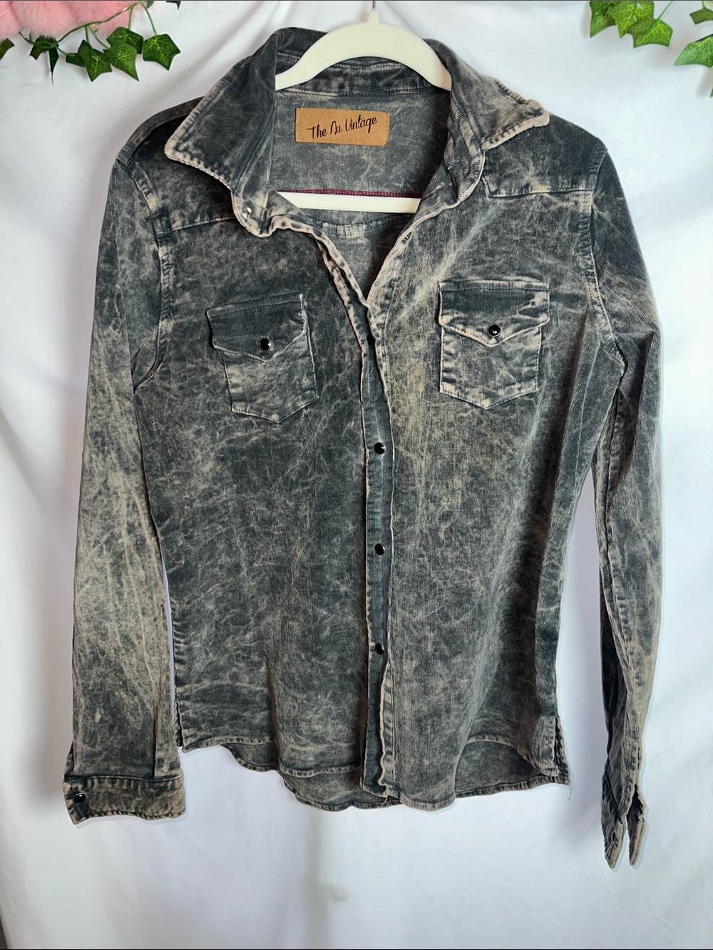 Women’s Distressed Black gray Button-Up Shirt
